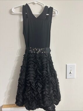 Black Ruffle Party Dress for Girls - Beaded Waist with Ribbon that Ties in Back